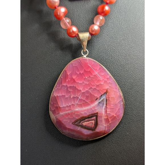 Double Strand Multi-Color Pearl Fuchsia Pink Rhodochrosite Pendant Necklace - Picture 3 of 11